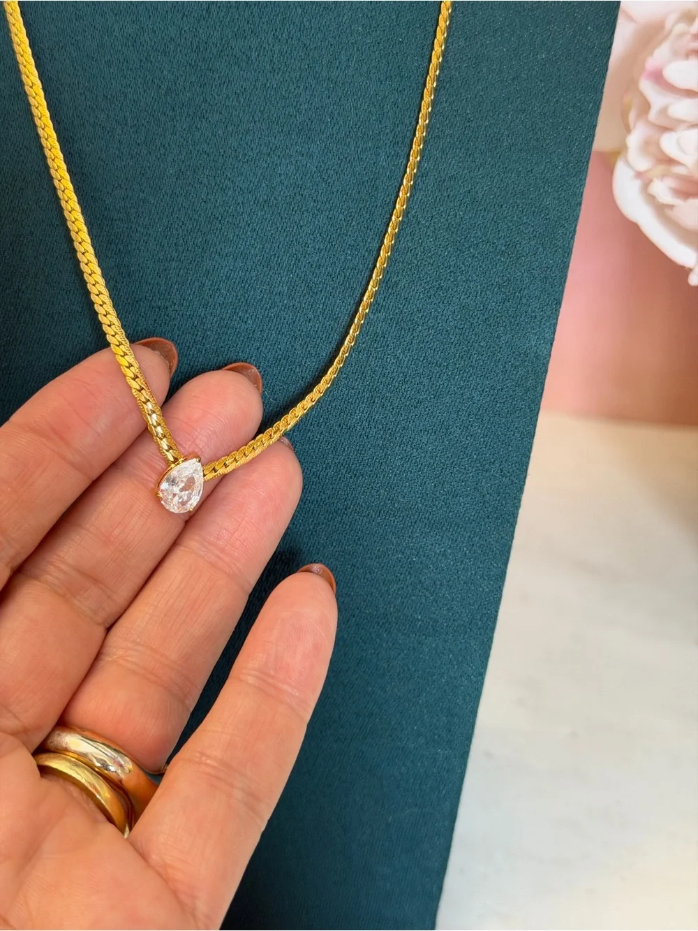 18k Gold Plated jewelry set ~ Chain Necklace with CZ Pendant + CZ Huggies